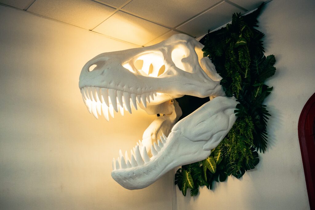 Tête de dinosaure grand format imprimée en 3D et fixée au mur de l'atelier Hephaprint à Rennes, éclairée de l'intérieur.